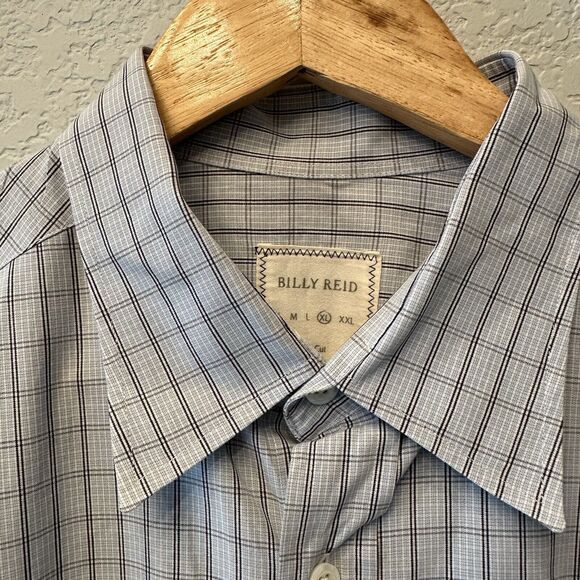 Billy Reid Gray Blue Plaid Roll Tab Sleeve Button Up Cotton Shirt Mens XL - Picture 2 of 11
